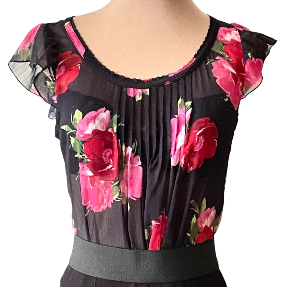 Abercrombie & Fitch Sheer Top Size S Flutter Sleeve Navy Rose Floral Whimsy Goth